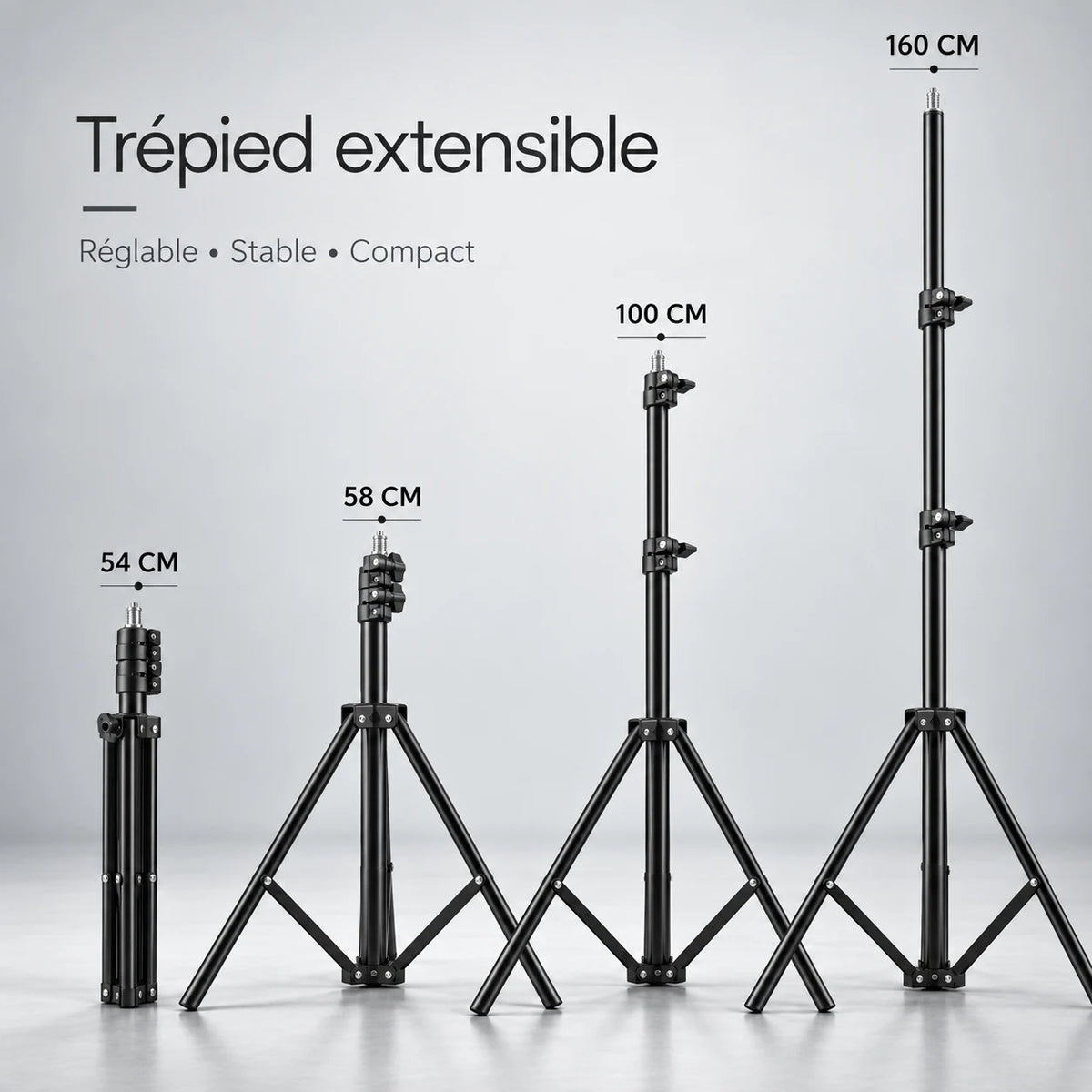 Trépied iPhone 160 CM Noir - vue de détail du trépied pour téléphone, Réglable Anti-Vibrations