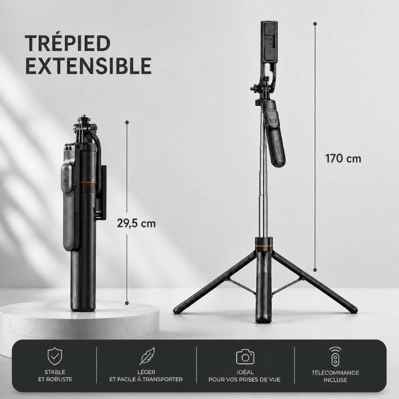 Infographie trépied extensible noir replié a 29,5 cm et déployé a 170 cm, stable et robuste, léger, idéal pour prises de vue, télécommande incluse