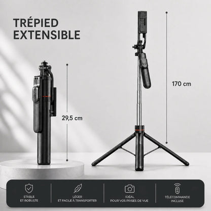 Infographie trépied extensible noir replié a 29,5 cm et déployé a 170 cm, stable et robuste, léger, idéal pour prises de vue, télécommande incluse