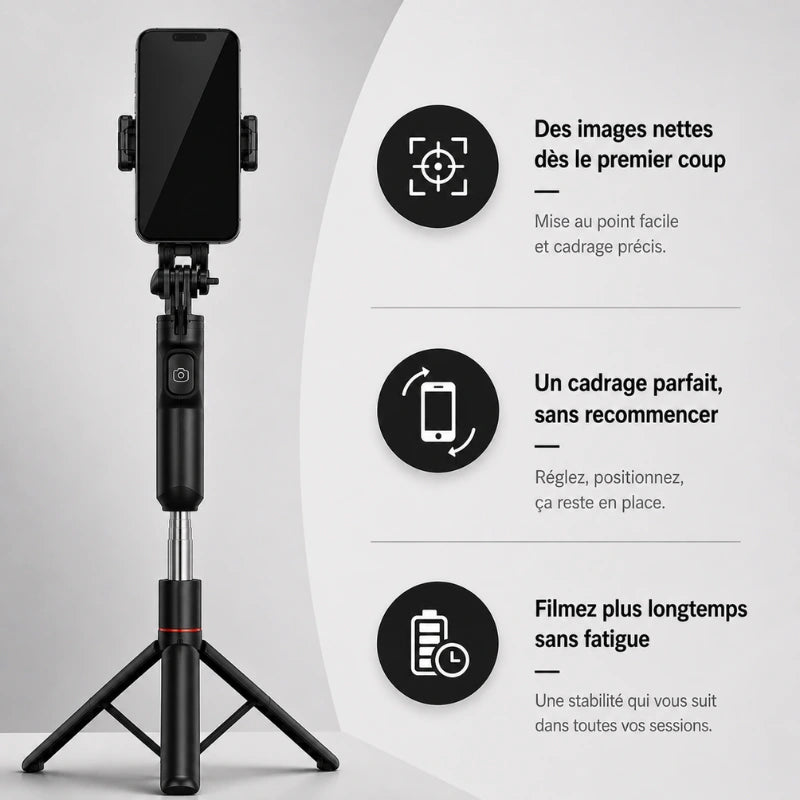 Trépied téléphone noir avec smartphone fixé en haut - infographie 3 avantages : images nettes, cadrage parfait, filmez longtemps sans fatigue