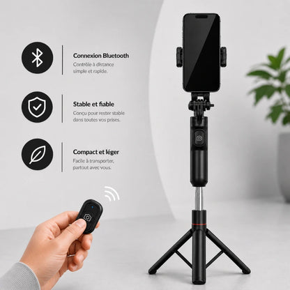 Trépied téléphone noir avec smartphone et main tenant une télécommande Bluetooth - infographie connexion Bluetooth, stable et fiable, compact et léger