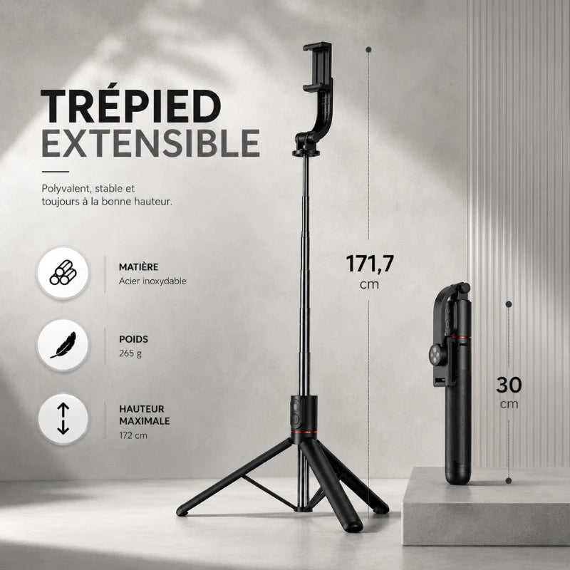 Infographie trépied extensible noir pour iPhone : hauteur max 171,7 cm, replié 30 cm, acier inoxydable, poids 265 g