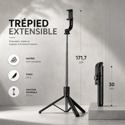 Infographie trépied extensible noir pour iPhone : hauteur max 171,7 cm, replié 30 cm, acier inoxydable, poids 265 g