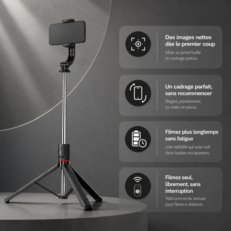 Trépied perche noir pour téléphone avec smartphone - infographie 4 avantages : images nettes, cadrage parfait, filmez longtemps, télécommande incluse