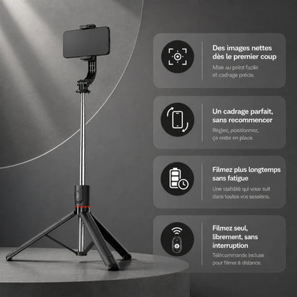 Trépied perche noir pour téléphone avec smartphone - infographie 4 avantages : images nettes, cadrage parfait, filmez longtemps, télécommande incluse