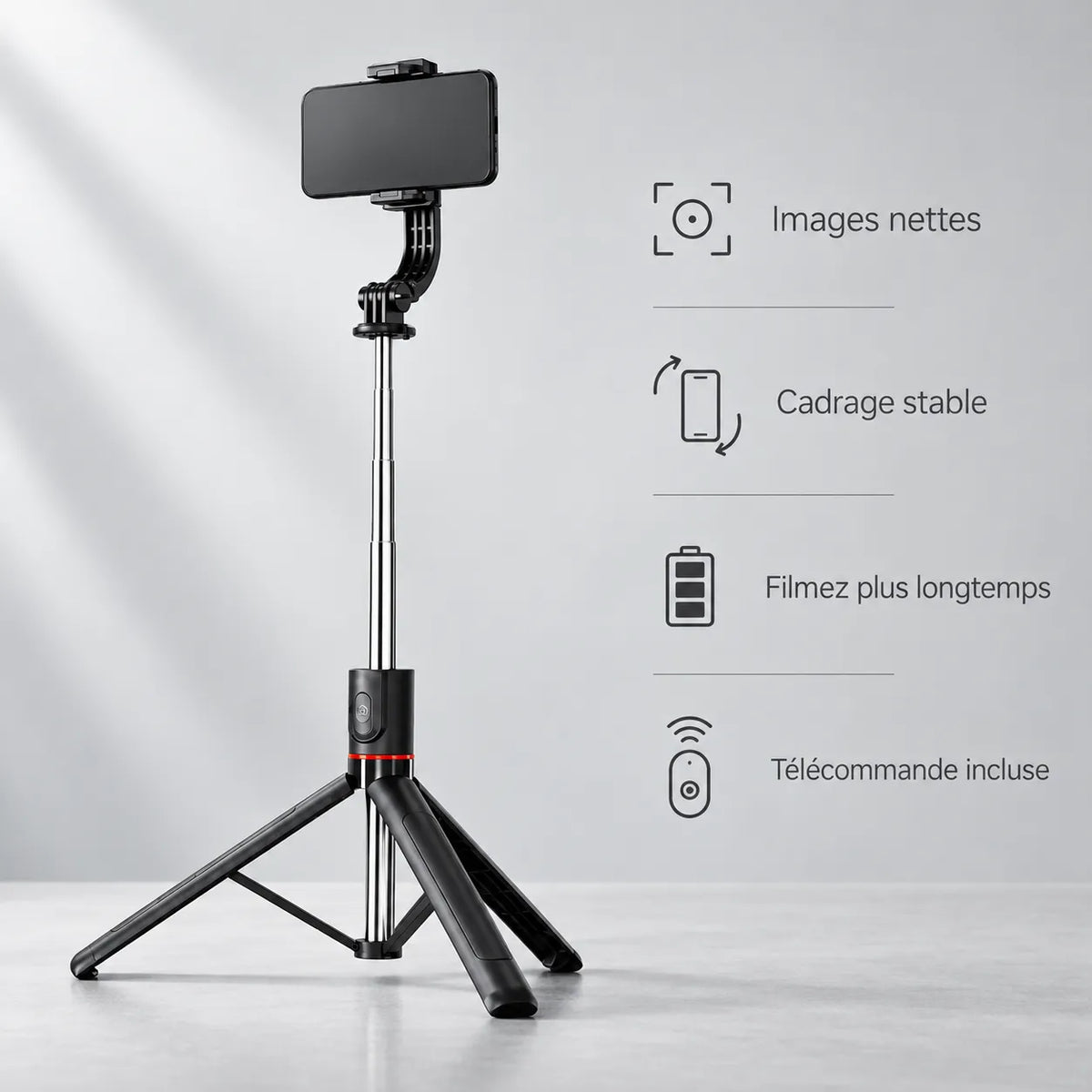 Trépied iPhone 172 CM Noir - format plié et transport du trépied pour téléphone, Rotation 360°