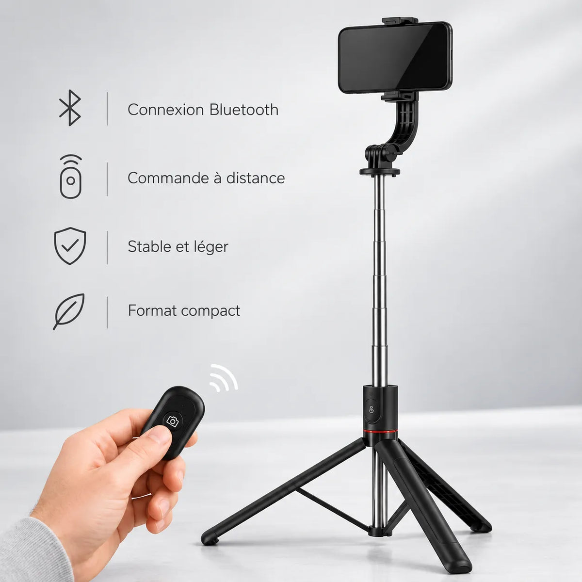 Trépied iPhone 172 CM Noir - réglage et fixation du trépied pour téléphone, Rotation 360°