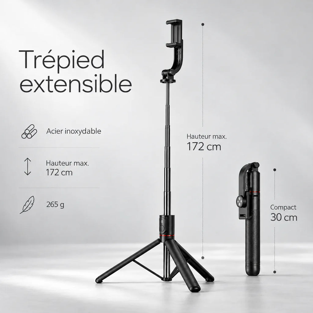 Trépied iPhone 172 CM Noir - vue de détail du trépied pour téléphone, Rotation 360°