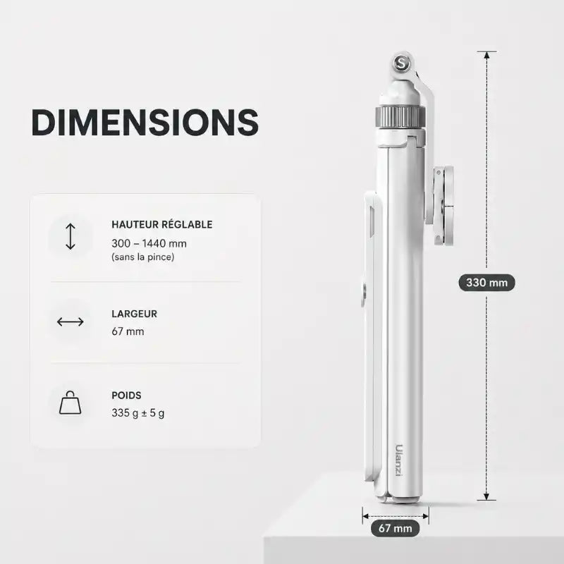 Infographie dimensions trépied iPhone blanc : hauteur réglable 300 a 1440 mm, largeur 67 mm, poids 335 g, replié 330 mm