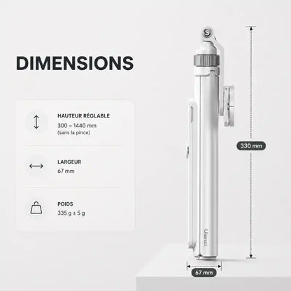 Infographie dimensions trépied iPhone blanc : hauteur réglable 300 a 1440 mm, largeur 67 mm, poids 335 g, replié 330 mm