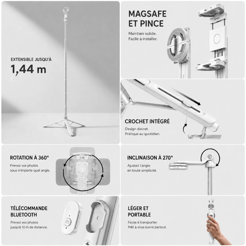 Infographie fonctionnalites trépied iPhone blanc : extensible jusqu a 1,44 m, compatible MagSafe et pince, crochet intégré, rotation 360 degres, inclinaison 270 degres, télécommande Bluetooth
