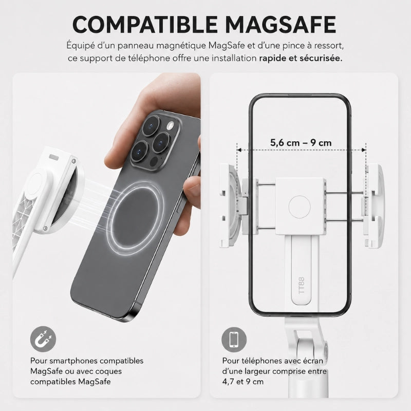 Infographie compatibilité MagSafe et pince universelle blanche : fixation magnétique iPhone MagSafe et pince pour téléphones de 5,6 a 9 cm de largeur