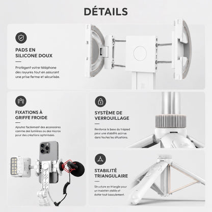 Infographie détails trépied iPhone blanc : pads silicone doux, fixations a griffe froide, système de verrouillage et stabilité triangulaire