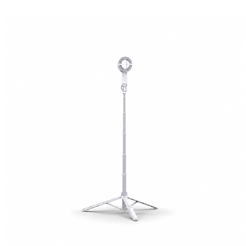 Trépied perche iPhone blanc extensible avec support MagSafe circulaire en haut et pieds triangulaires blancs, déployé sur fond blanc