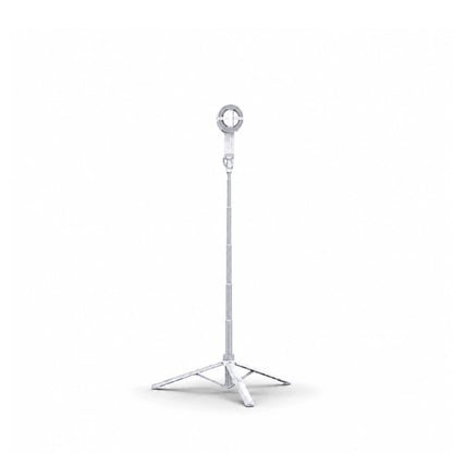 Trépied perche iPhone blanc extensible avec support MagSafe circulaire en haut et pieds triangulaires blancs, déployé sur fond blanc