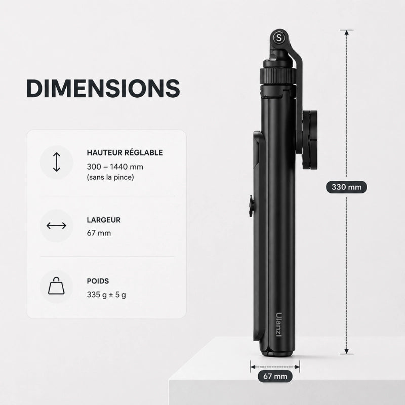 Infographie dimensions : hauteur réglable 300 a 1440 mm, largeur 67 mm, poids 335 g, replié 330 mm