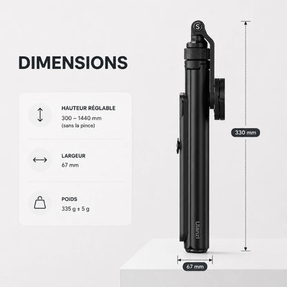 Infographie dimensions : hauteur réglable 300 a 1440 mm, largeur 67 mm, poids 335 g, replié 330 mm