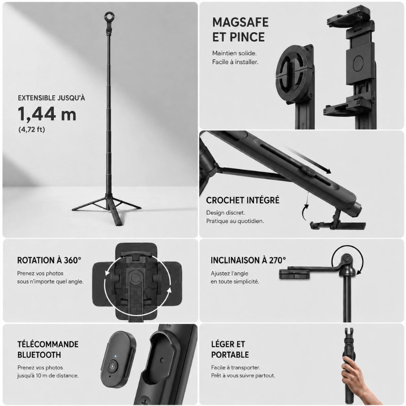 Infographie fonctionnalites : extensible jusqu a 1,44 m, compatible MagSafe et pince, crochet intégré, rotation 360 degres, inclinaison 270 degres, télécommande Bluetooth, léger et portable