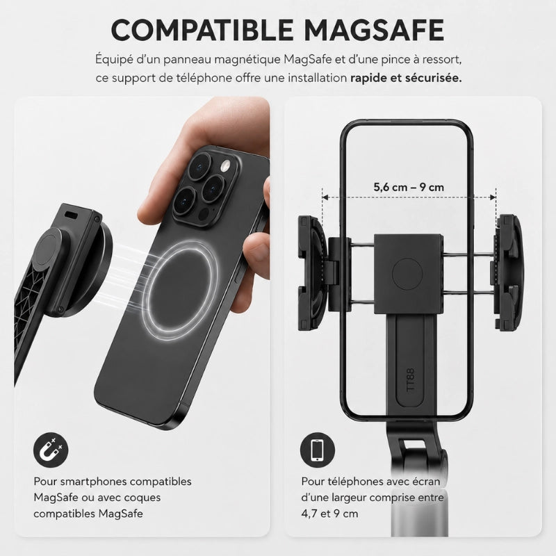 Infographie compatibilité MagSafe et pince universelle : fixation magnétique iPhone MagSafe et pince pour téléphones de 5,6 a 9 cm de largeur