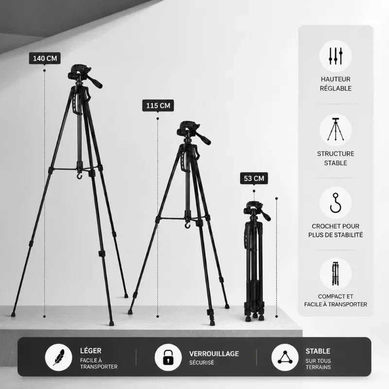 Trepied appareil photo 140 CM - Noir - vue laterale