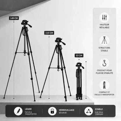 Trepied appareil photo 140 CM - Noir - vue laterale