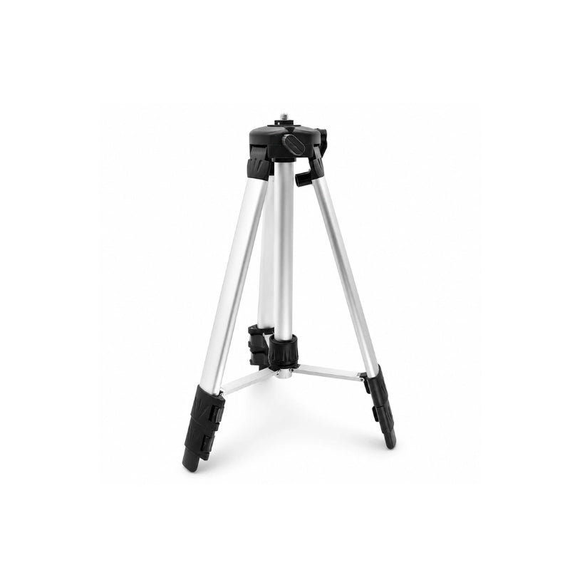 Trepied laser gris 120 cm deploye sur fond blanc, pieds antiderapants noirs