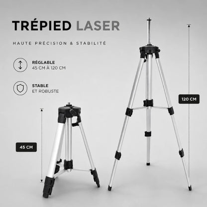 Comparatif trepied laser gris replie 45 cm et deploye 120 cm, hauteur reglable
