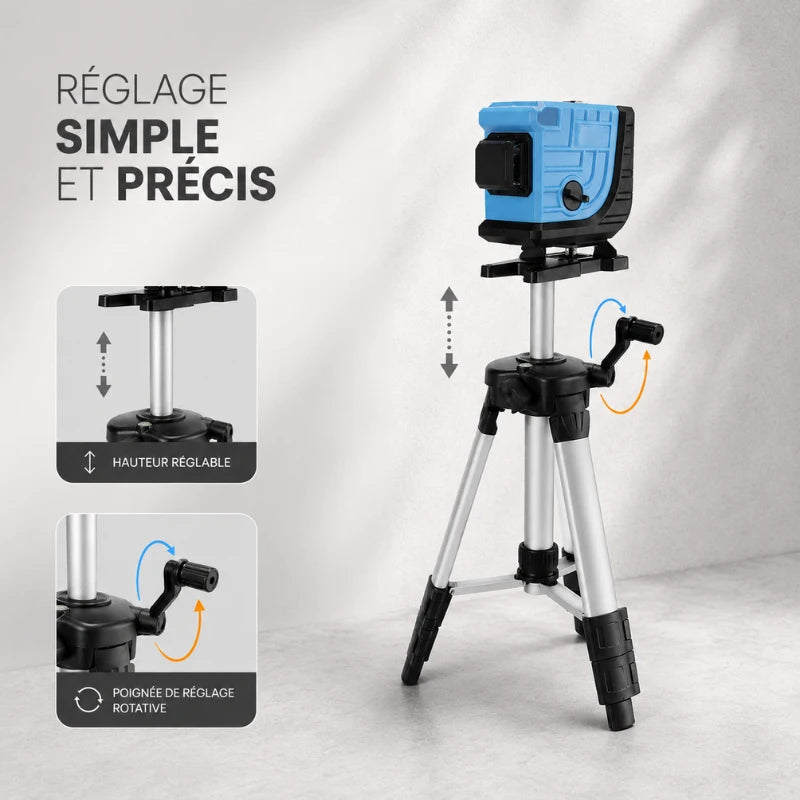 Trepied laser gris avec laser bleu pose dessus, reglage de la hauteur et rotation de la tete