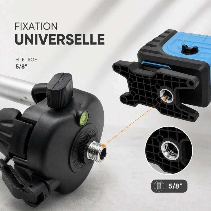 Gros plan sur la tete du trepied laser gris, fixation universelle filetage 5/8 pouces