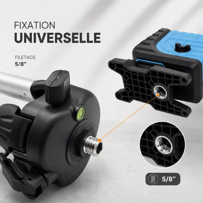 Gros plan sur la tete du trepied laser gris, fixation universelle filetage 5/8 pouces