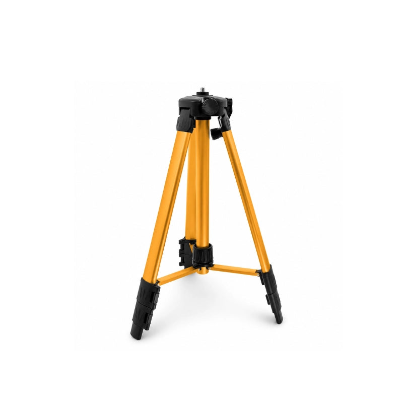 Trepied laser jaune 120 cm deploye sur fond blanc, pieds antiderapants noirs