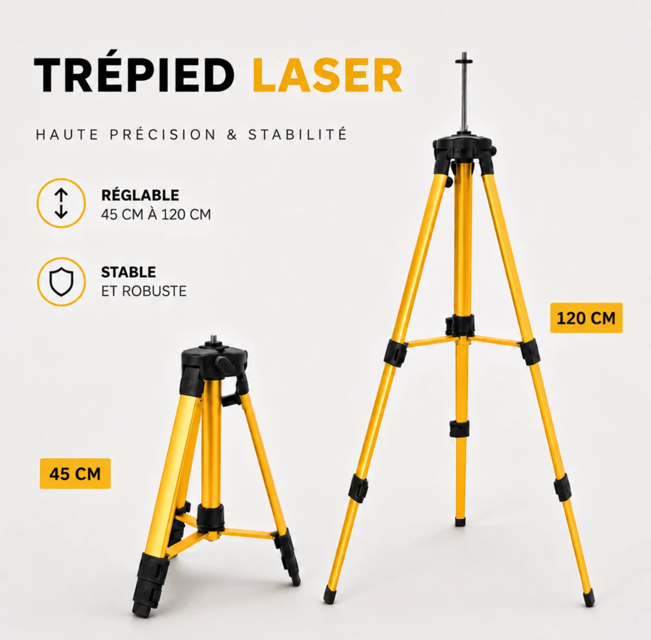 Comparatif trepied laser jaune replie 45 cm et deploye 120 cm, hauteur reglable