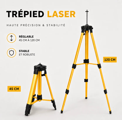 Comparatif trepied laser jaune replie 45 cm et deploye 120 cm, hauteur reglable