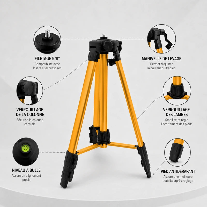 Vue annotee du trepied laser jaune avec filetage 5/8, niveau a bulle, verrouillage et pieds antiderapants