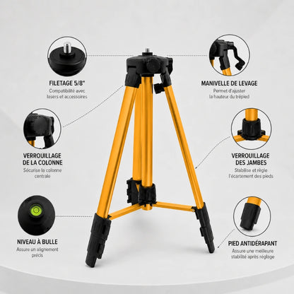 Vue annotee du trepied laser jaune avec filetage 5/8, niveau a bulle, verrouillage et pieds antiderapants