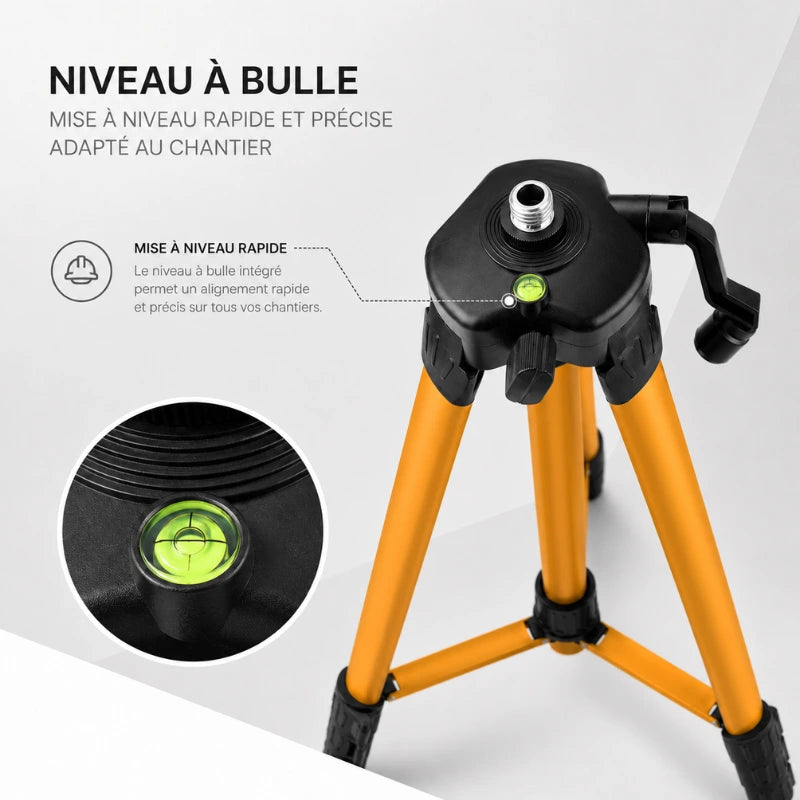 Gros plan niveau a bulle integre dans la tete du trepied laser jaune pour alignement precis