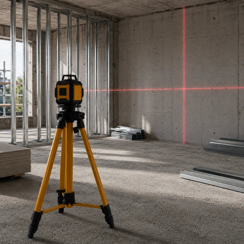 Trepied laser jaune utilise sur chantier avec projection laser rouge en croix sur un mur