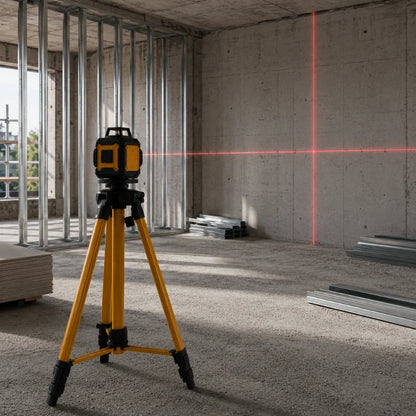 Trepied laser jaune utilise sur chantier avec projection laser rouge en croix sur un mur