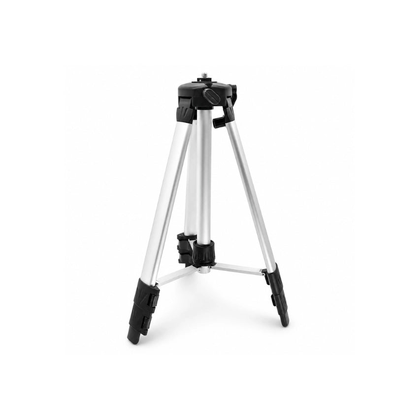 Trepied laser gris 150 cm deploye sur fond blanc, structure aluminium solide