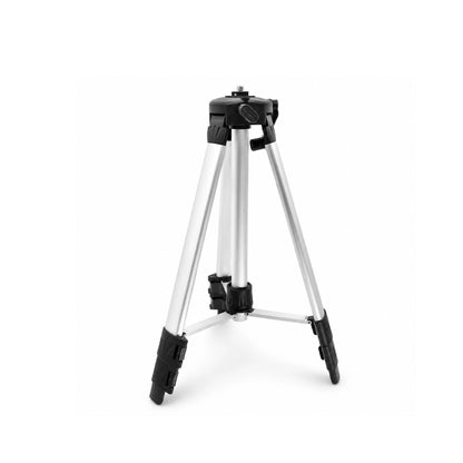 Trepied laser gris 150 cm deploye sur fond blanc, structure aluminium solide