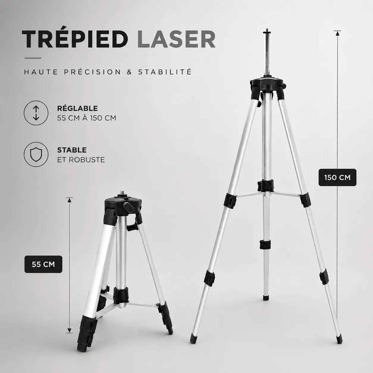 Comparatif trepied laser gris replie 55 cm et deploye 150 cm, hauteur reglable