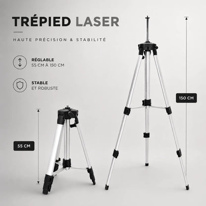 Comparatif trepied laser gris replie 55 cm et deploye 150 cm, hauteur reglable