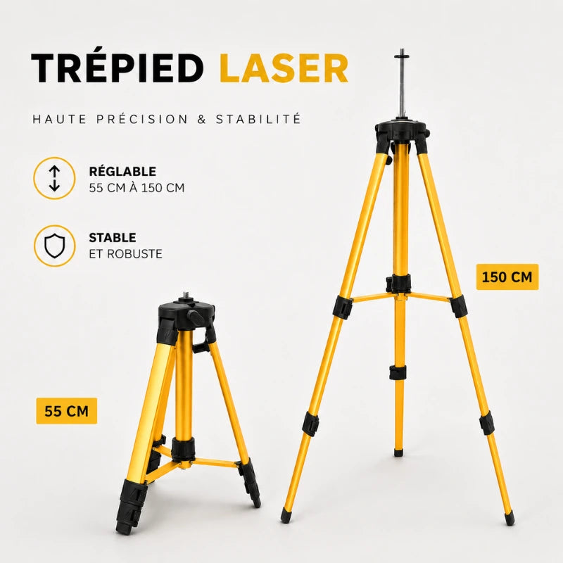 Comparatif trepied laser jaune replie 55 cm et deploye 150 cm, hauteur reglable