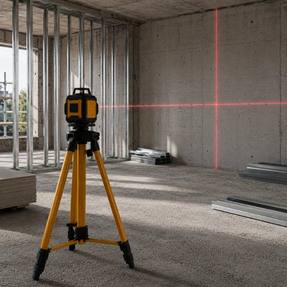 Trepied laser jaune utilise sur chantier avec projection laser rouge en croix sur un mur