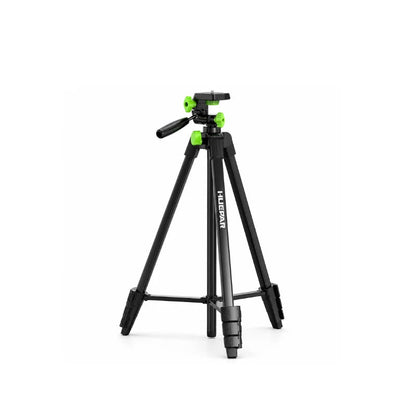 Trepied laser noir 152 cm deploye sur fond blanc avec tete orientable verte