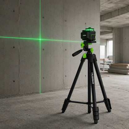 Trepied laser noir avec niveau laser vert projete sur mur beton dans un chantier