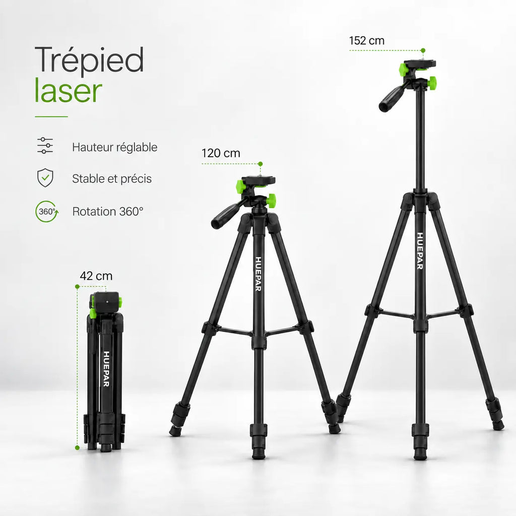 Trépied Laser 152 CM Noir Aluminium - vue de détail du trépied pour niveau laser, Niveau Laser & Croix, Tête Orientable & Sac inclus