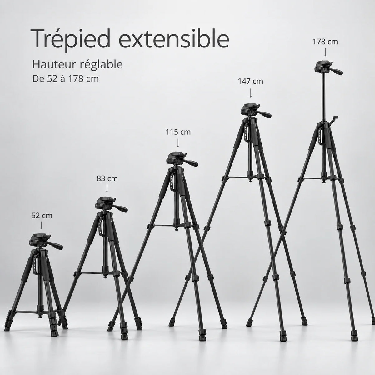 Trépied longue-vue 178 cm, réglable de 52 à 178 cm