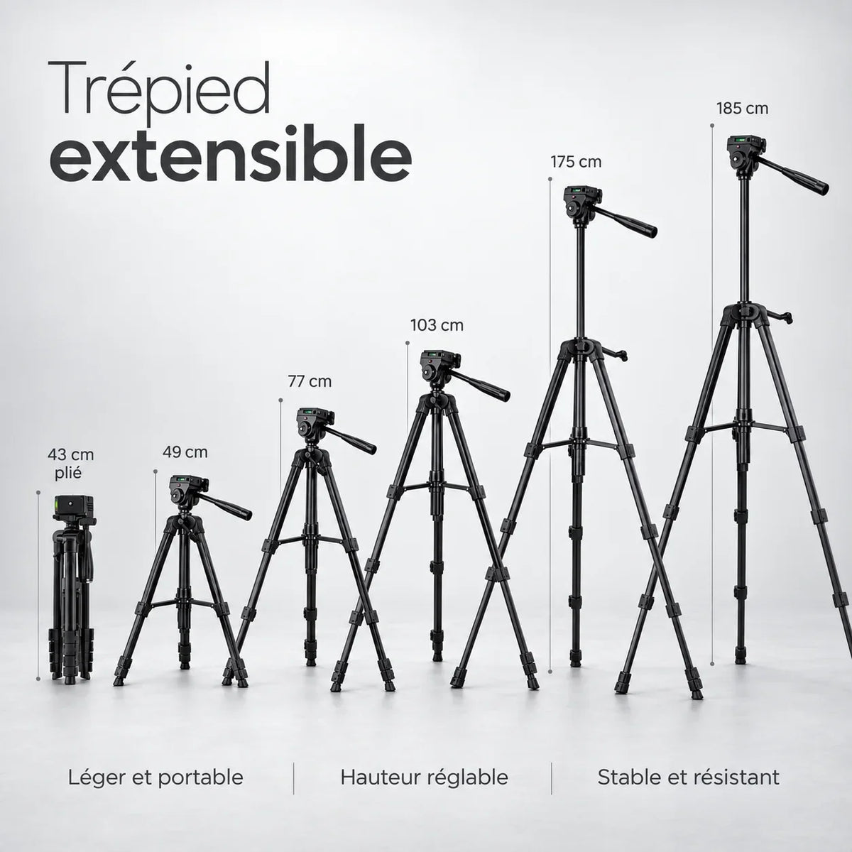 Trépied longue-vue 185 cm, réglable jusqu'à 185 cm, replié 43 cm