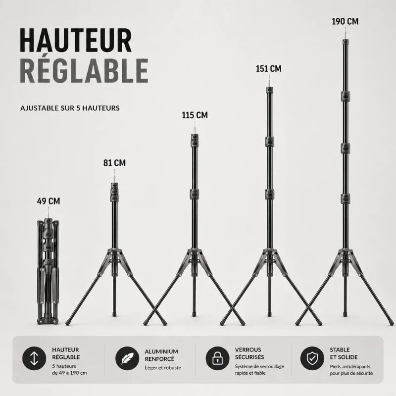 Infographie pied lumiere réglable sur 5 hauteurs de 49 cm a 190 cm, aluminium renforcé, verrous sécurisés, stable et solide